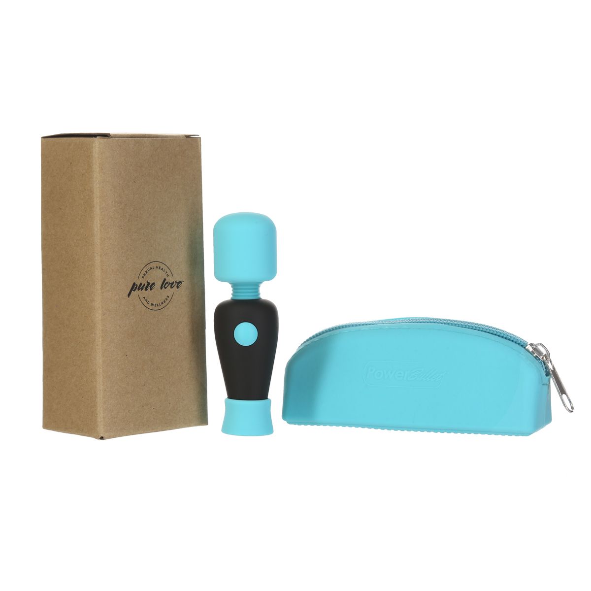 Pure Love Pocket Wand Vibrator, Product Box, Wand Vibrator and Travel Case