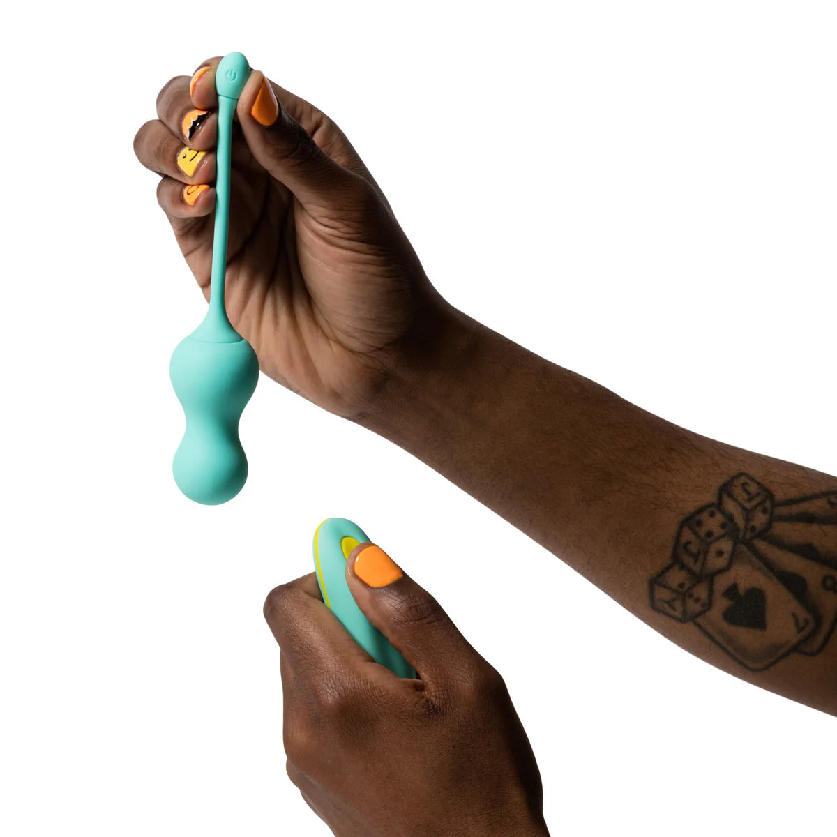 ROMP Cello Vibrating Egg Kegel Balls, Product Image, Kegel Ball and Remote in Both Hands