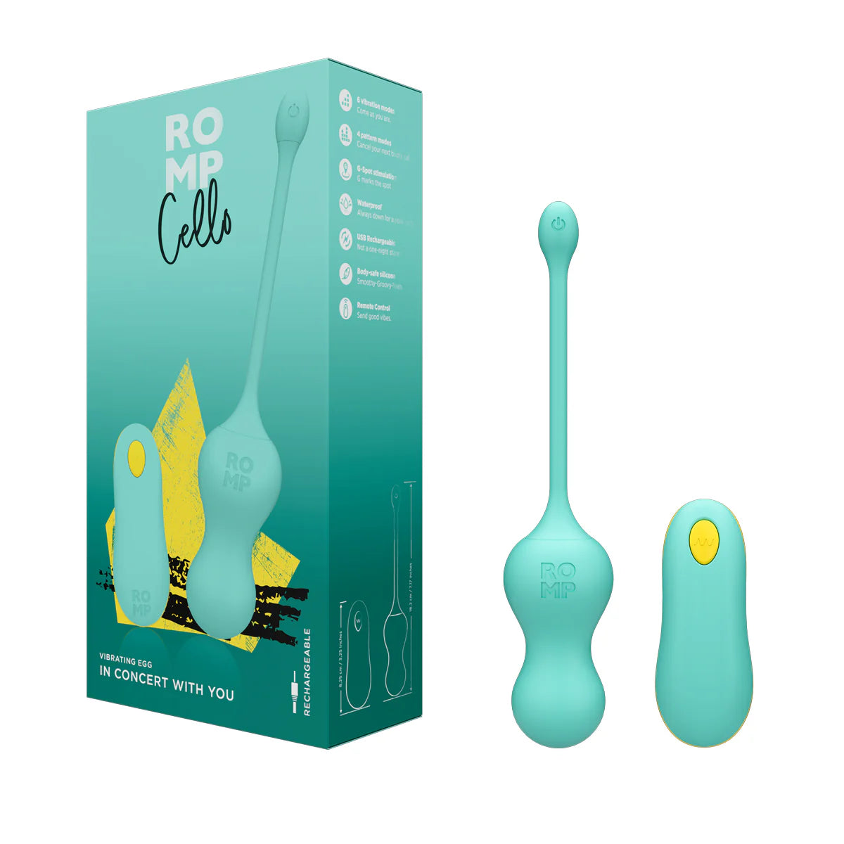 ROMP Cello Vibrating Egg Kegel Balls, Product Box with Kegel Ball and Remote Control