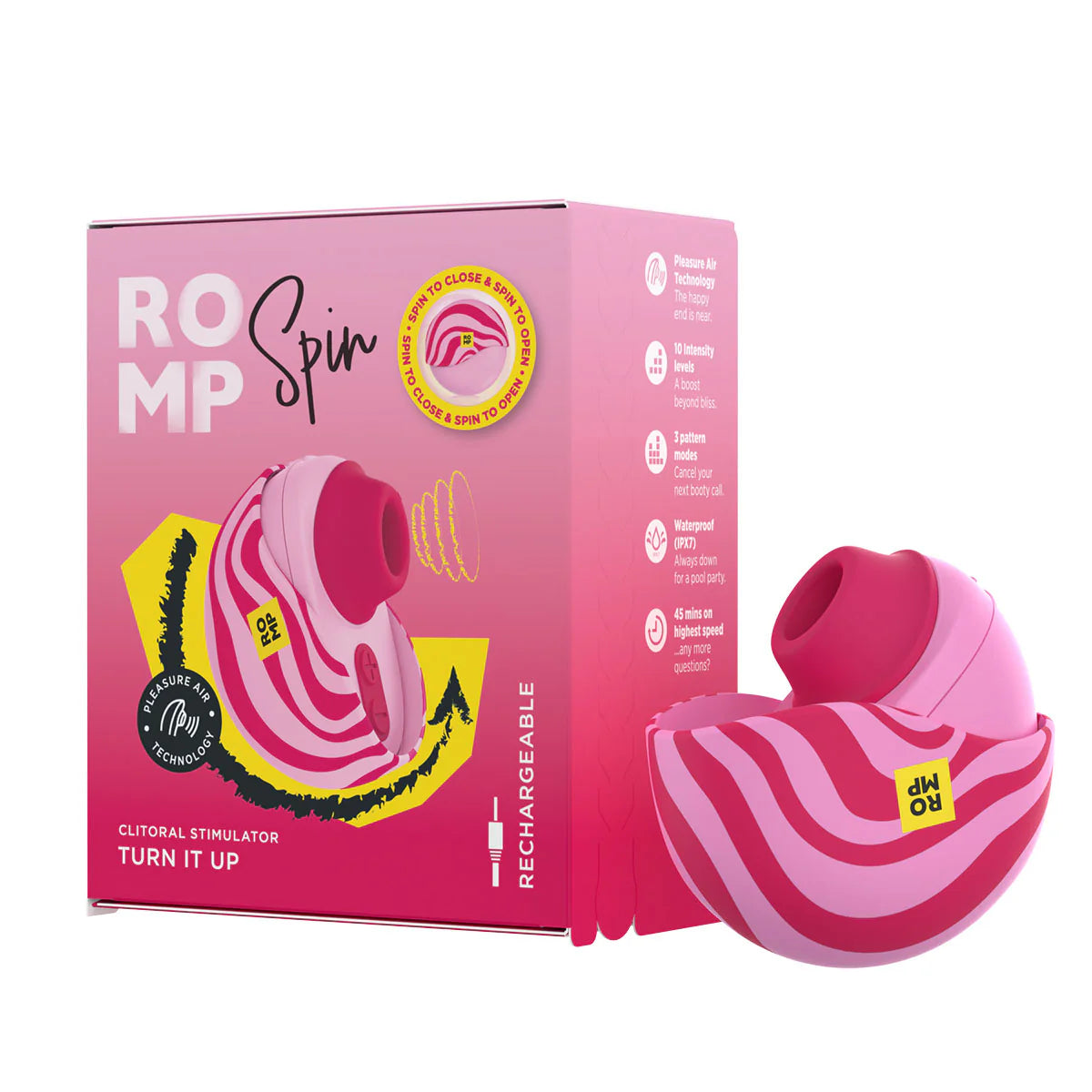 ROMP Spin Clitoral Stimulator, Product Box and Clitoral Stimulator