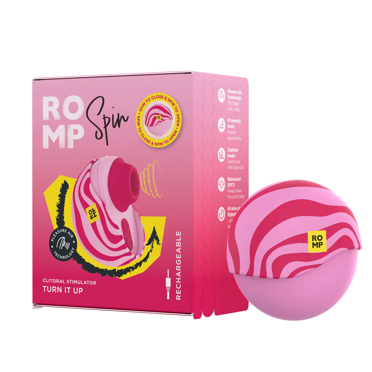 ROMP Spin Clitoral Stimulator, Product Box & Clitoral Stimulator with Cap