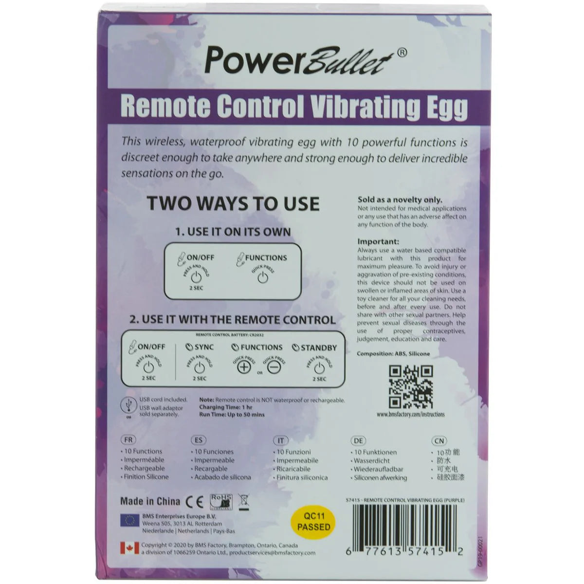 Remote Control Vibrating Egg, Purple, Product Box, Back View