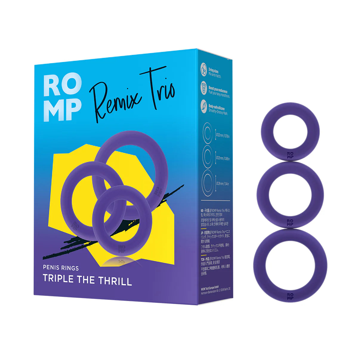 Romp Remix Trio Penis Rings, Product Box with Penis Rings