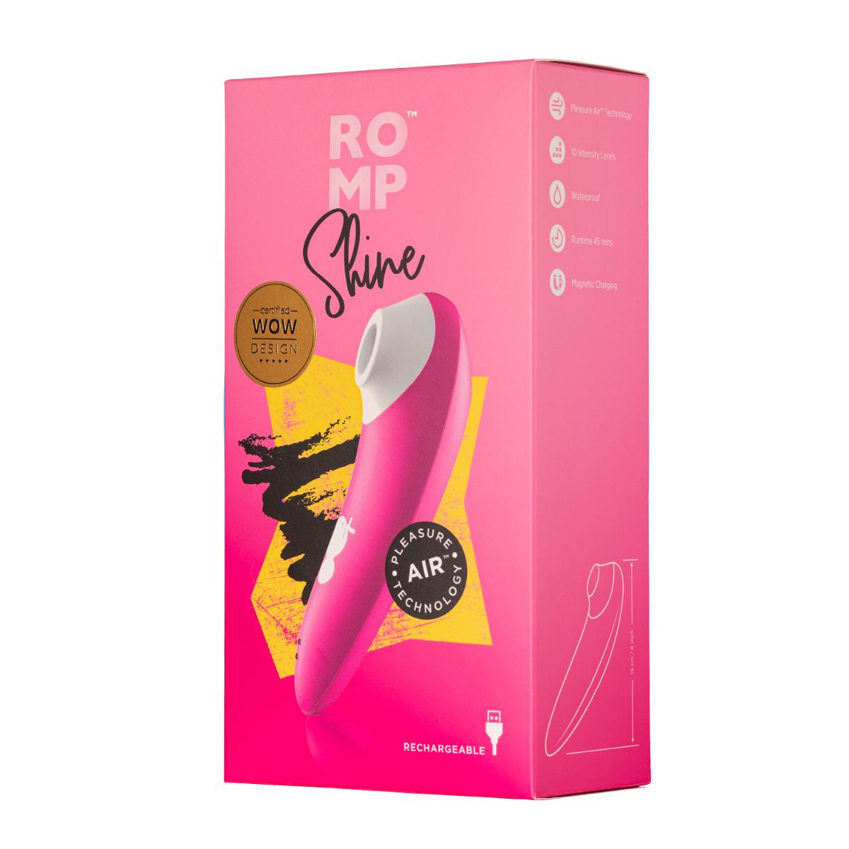 Romp Shine Clitoral Stimulator, Product Box, Front Left Angle
