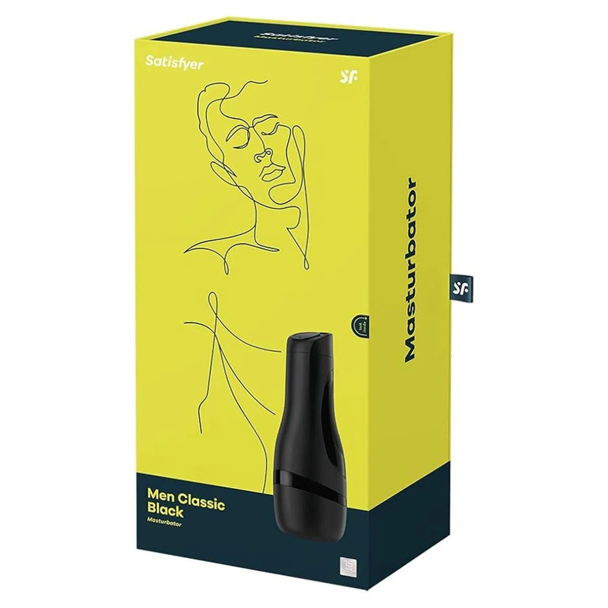 Satisfyer Men Classic Black Masturbator, Product Box, Front Right Angle