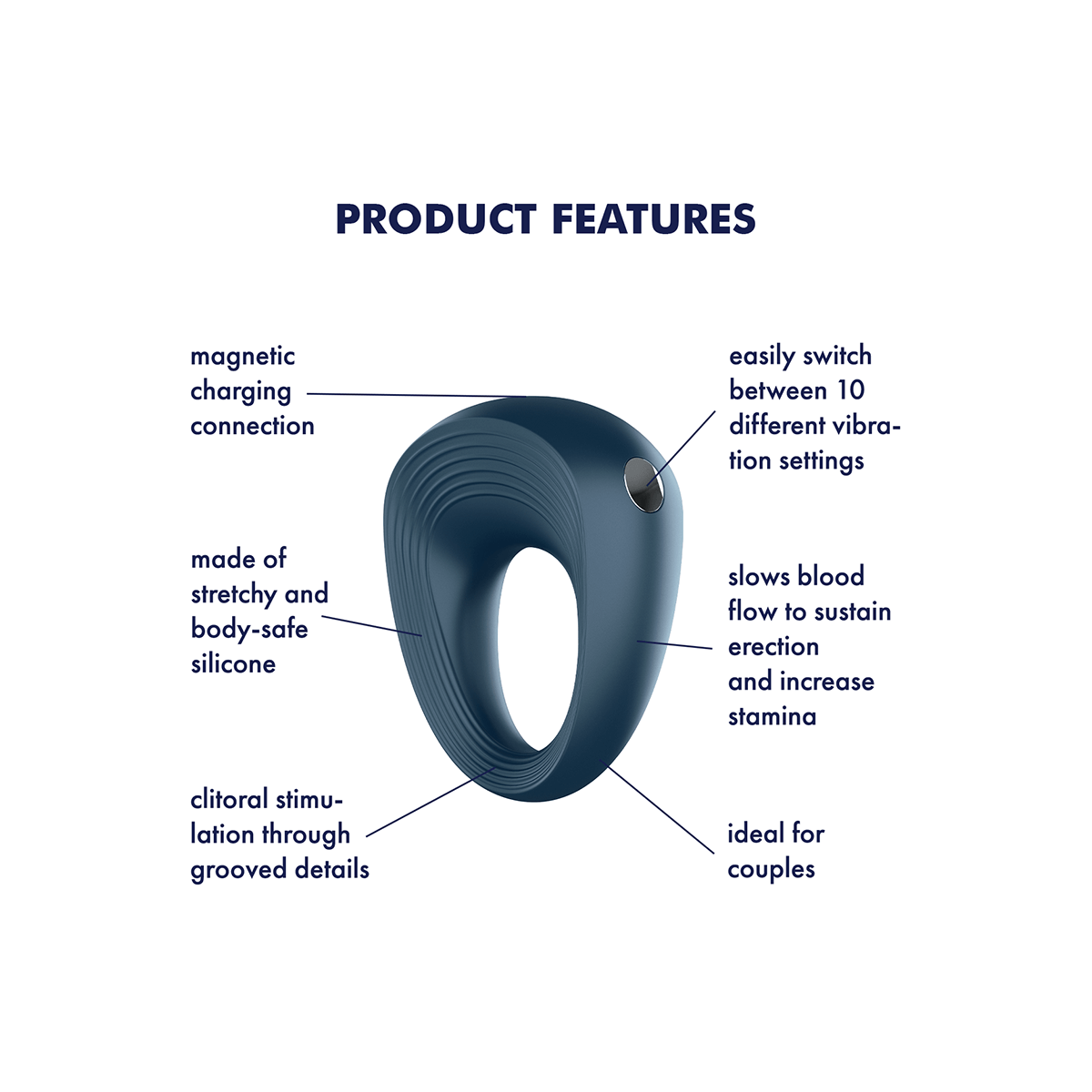 Satisfyer Power Ring Vibrating Cock Ring, Blue, Product Features