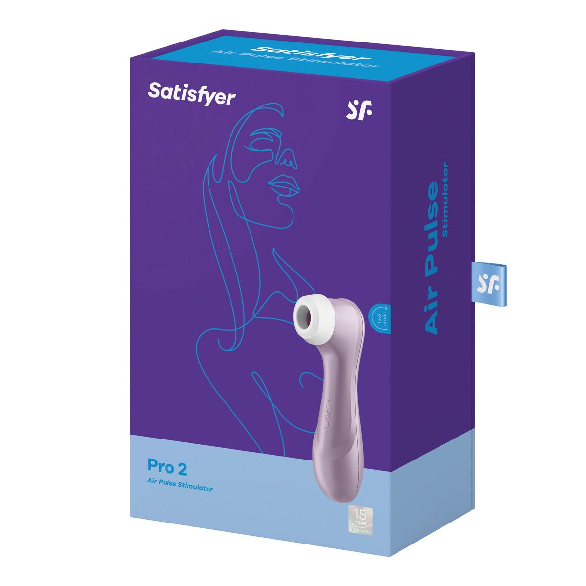 Satisfyer Pro 2 Generation 2 Air Pulse Stimulator in Violet, Product Box, Front Left Angle