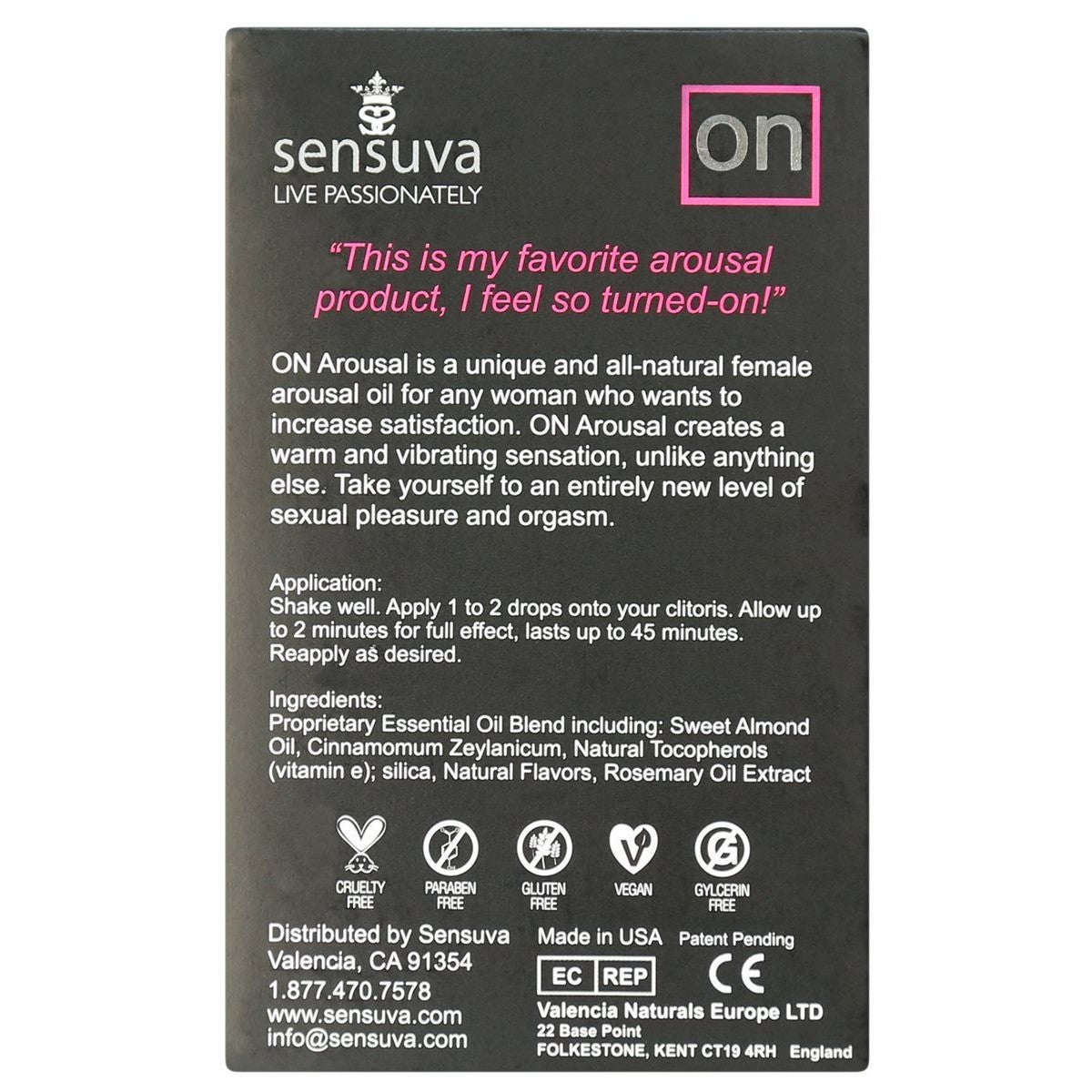 Sensuva ON Natural Arousal Oil (5ml), Original, Product Box, Back