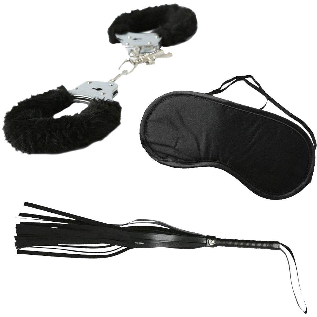 Sex & Mischief Intro to S&M Kit, Product Image, Cuffs, Blindfold, Flogger