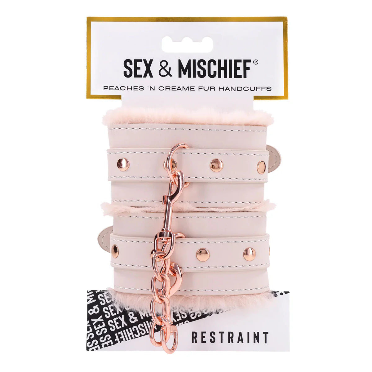 Sex & Mischief Peaches 'N Creame Fur Handcuffs, Pink, Product Package, Front