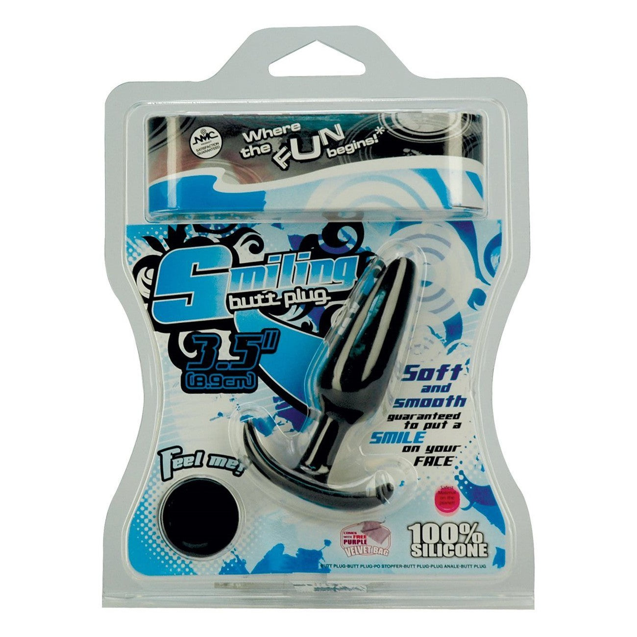 Smiling 3.5-Inch Silicone Butt Plug, Black, Product Package