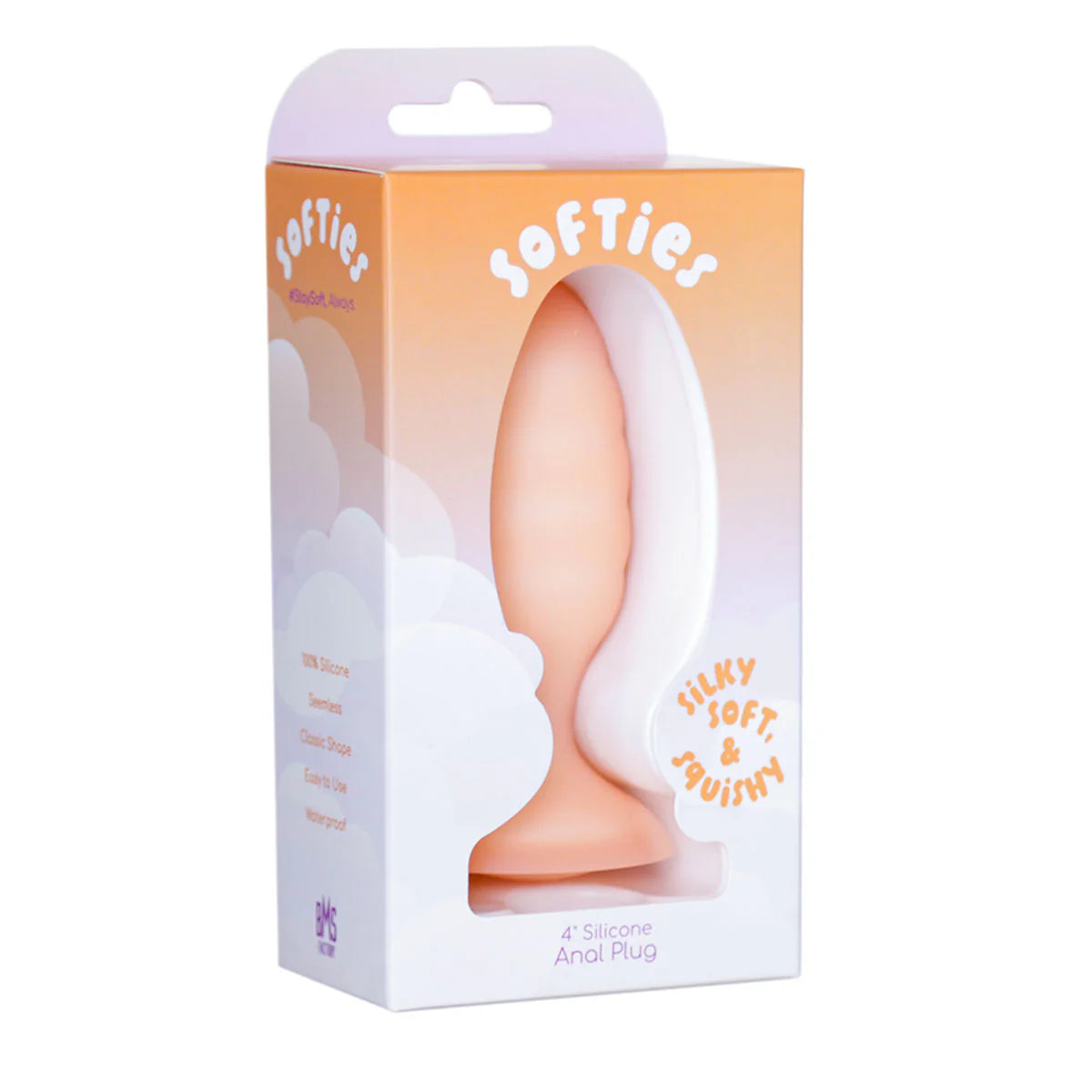 Softies 4-Inch Silicone Anal Plug, Orange, Product Package, Front Right Angle