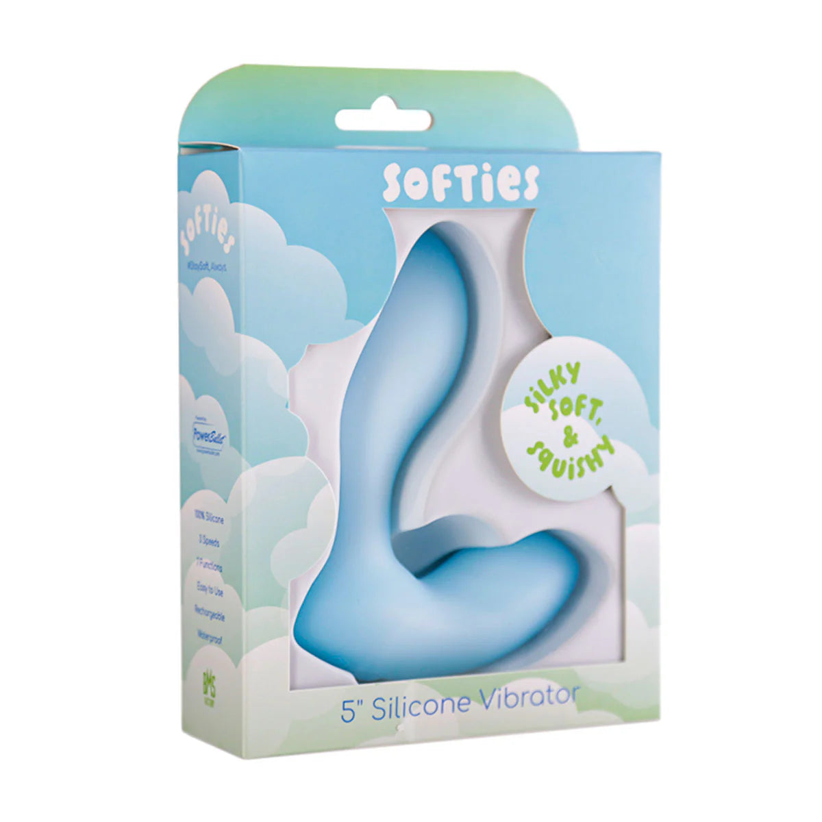 Softies 5" Silicone Anal Vibrator, Blue, Product Box, Front Right Angle