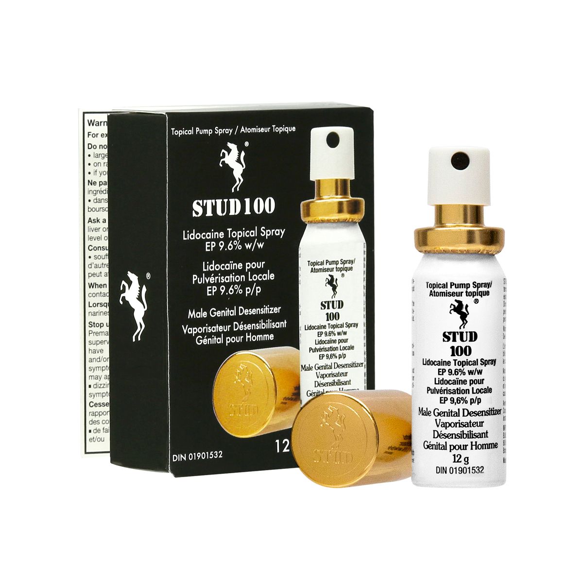 Stud 100 Desensitizing Spray, Product Box and Delay Spray Uncapped