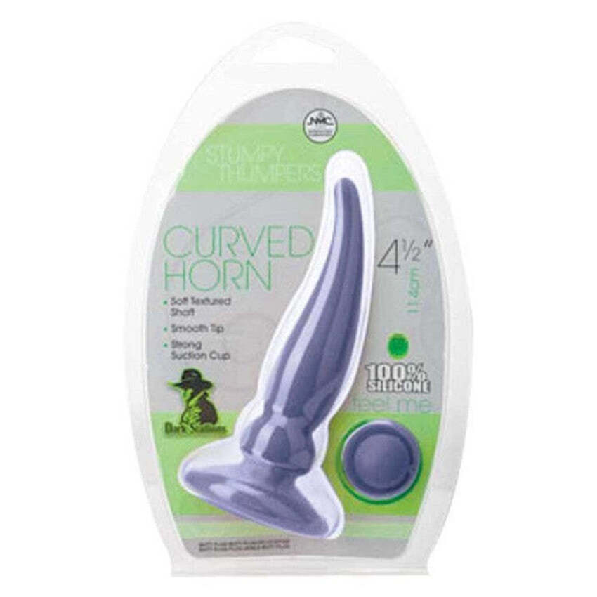 Stumpy Thumpers Curved Horn 4.5" Silicone Butt Plug, Purple, Product Package
