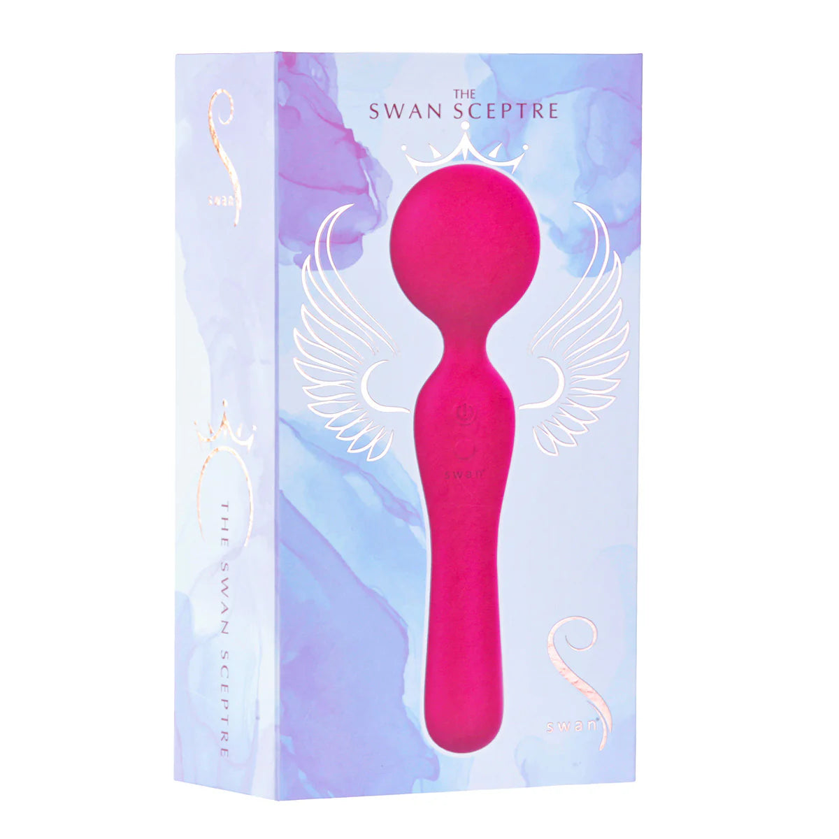 Swan Sceptre Wand Vibrator, Product Box, Front Right Angle