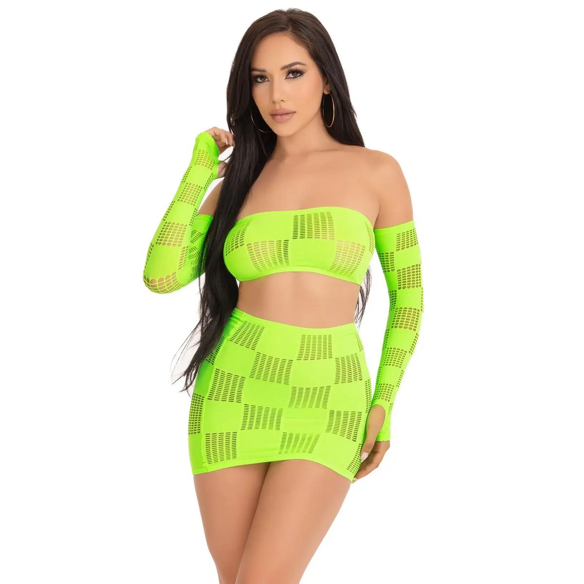 Leg Avenue Ego Trip Checkerboard Bandeau Set, Neon Green, One Size, Bandeau Set on Model With Right Hand Touching Hair, Close Up View