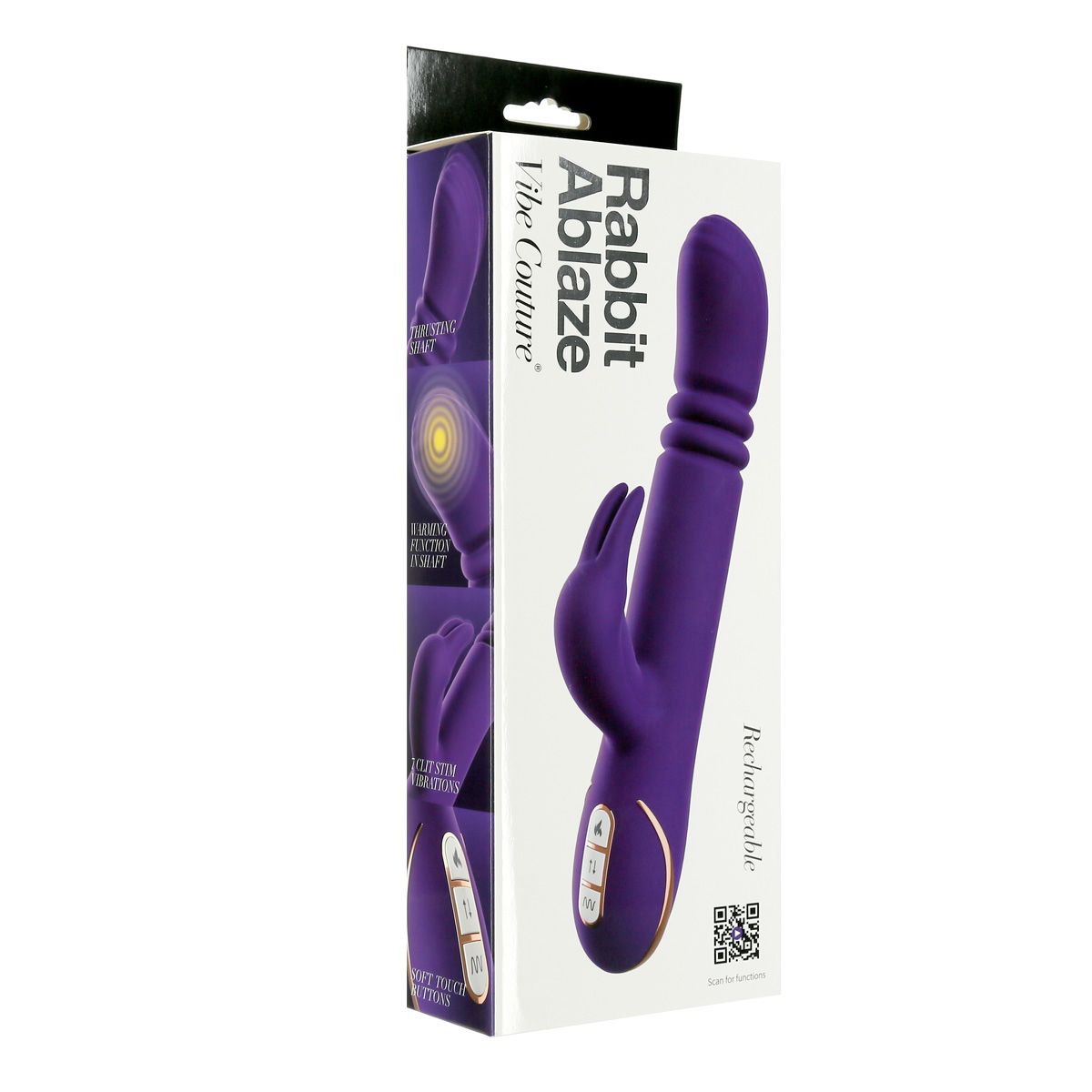 Vibe Couture Rabbit Ablaze Thrusting Vibrator, Product Box, Front Right Angle