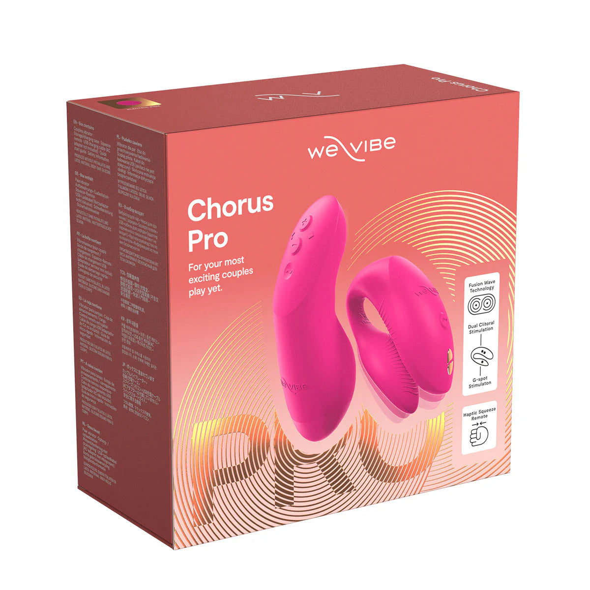 We-Vibe Chorus Pro Couples Vibrator, Electric Pink, Product Box, Front Right Angle