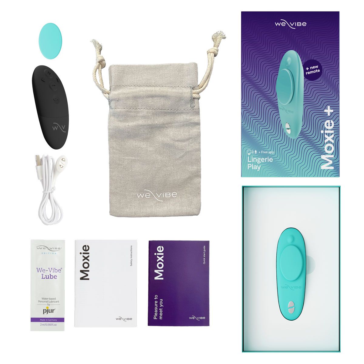 We-Vibe Moxie+ Panty Vibrator, Aqua, Box Contents