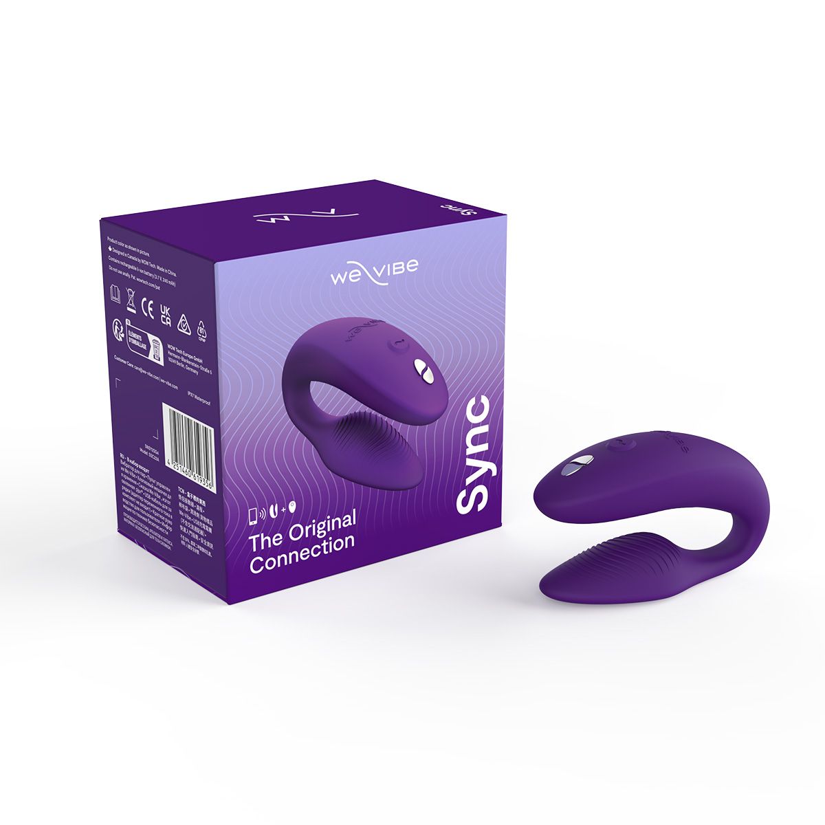 We-Vibe Sync 2 Couples Vibrator, Purple, Product Box beside Couples Vibrator