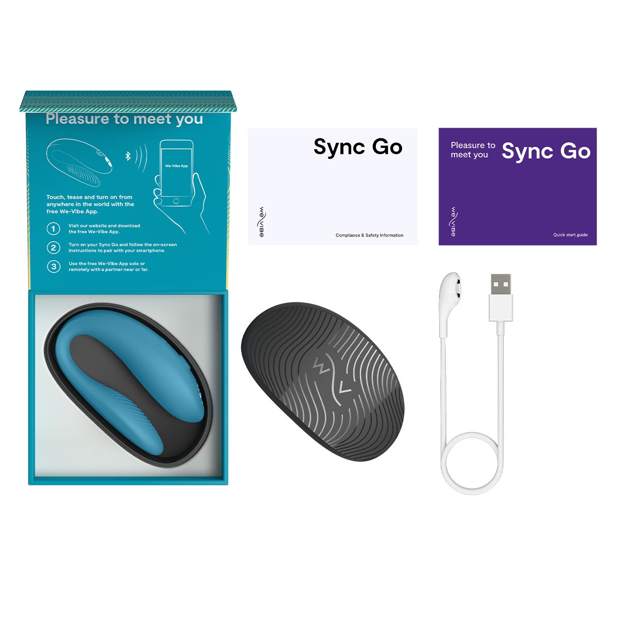 We-Vibe Sync Go Couples Vibrator, Turquoise, Box Contents