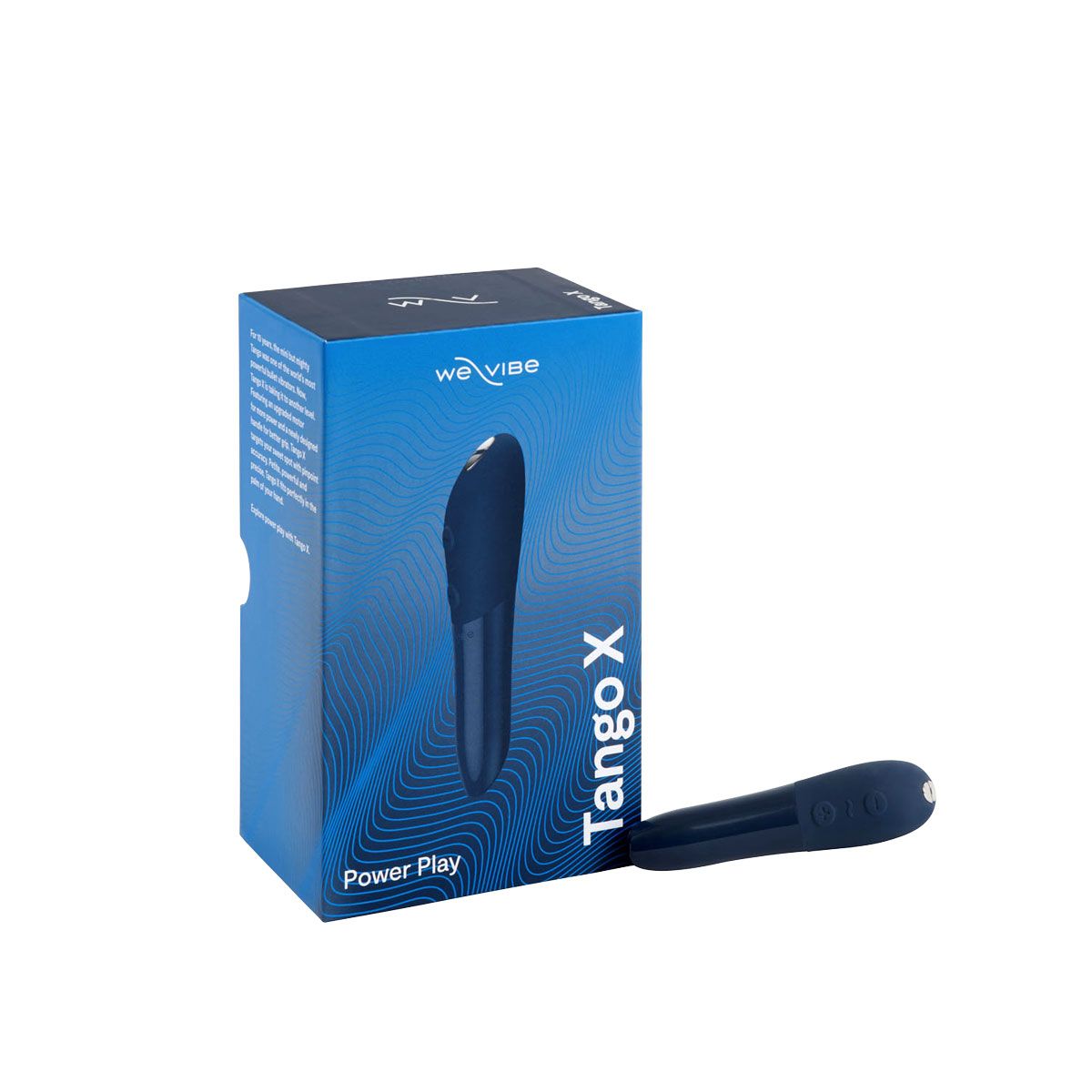 We-Vibe Tango X Bullet Vibrator, Midnight Blue, Product Box and Vibrator