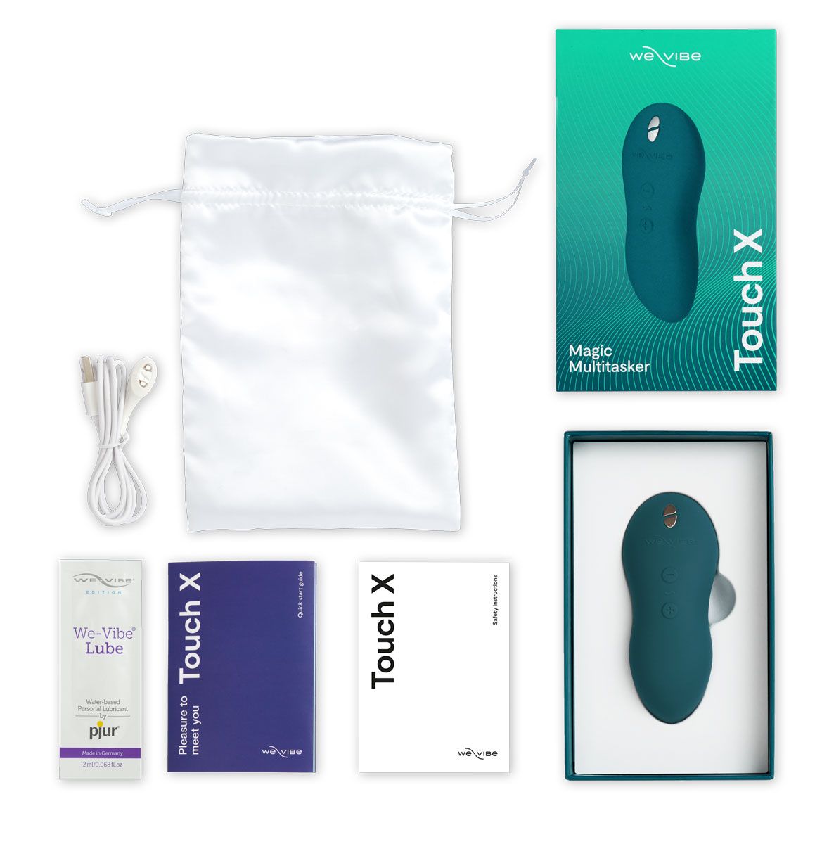 We-Vibe Touch X Clitoral Vibrator, Green Velvet, Box Contents