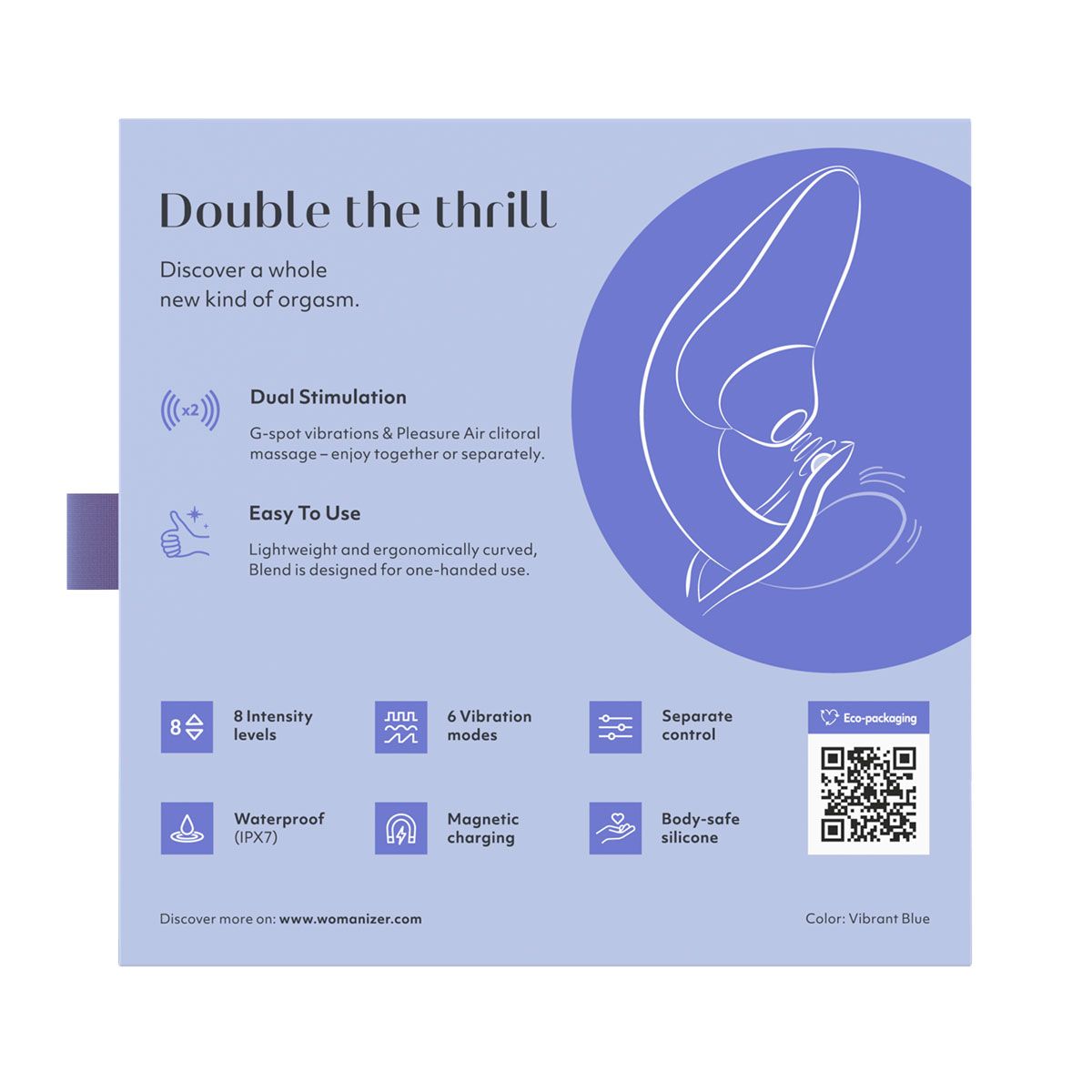 Womanizer Blend Rabbit Vibrator, Blue, Product Box, Back View