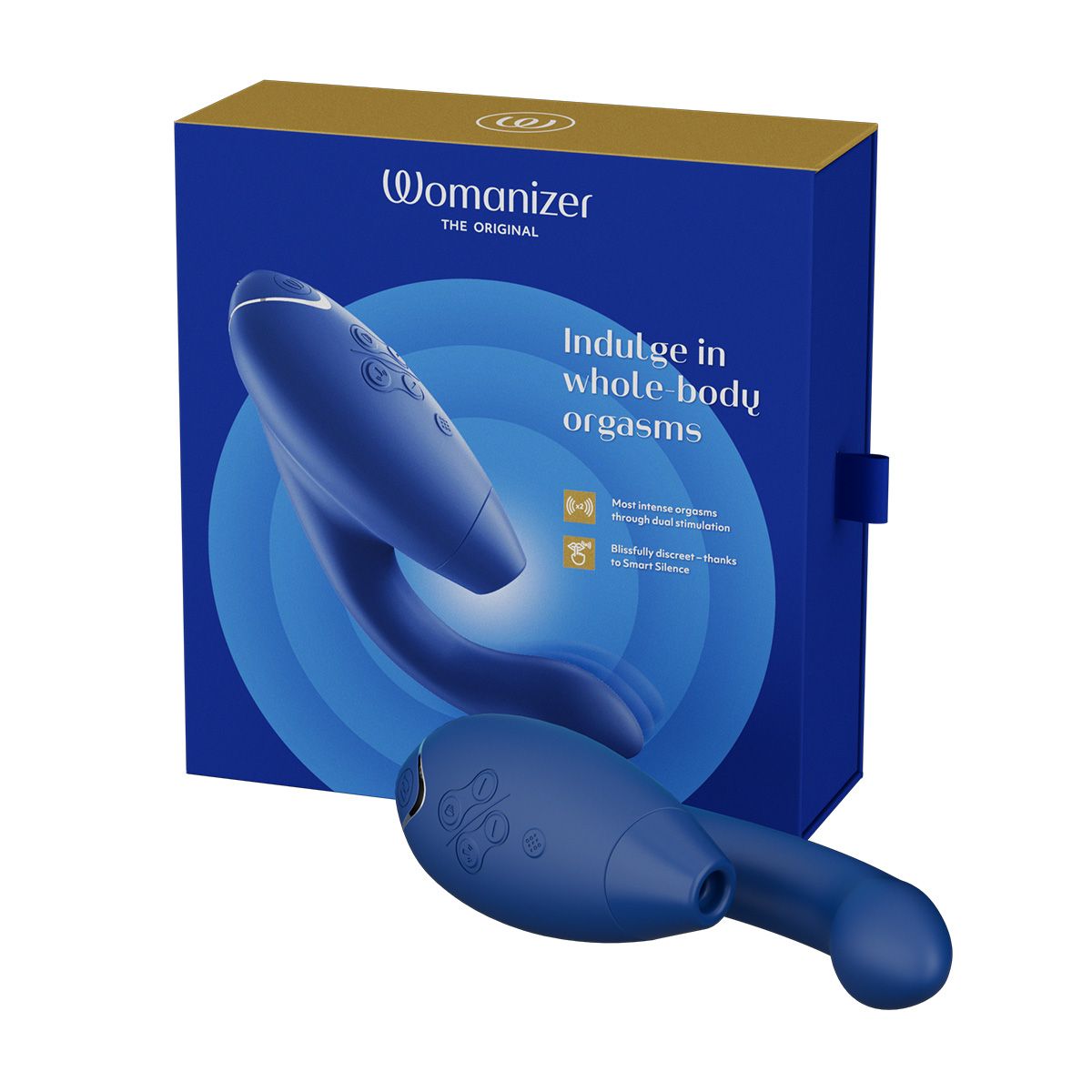 Womanizer Duo 2 Rabbit Sex Toy, Blue, Product Box with Sex Toy