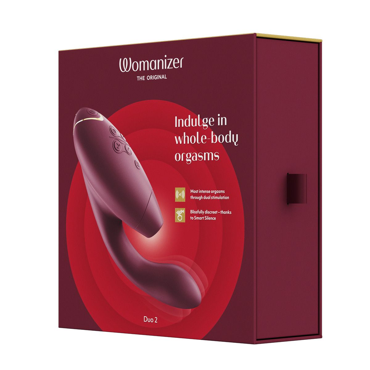 Womanizer Duo 2 Rabbit Sex Toy, Bordeaux, Product Box, Front Angle