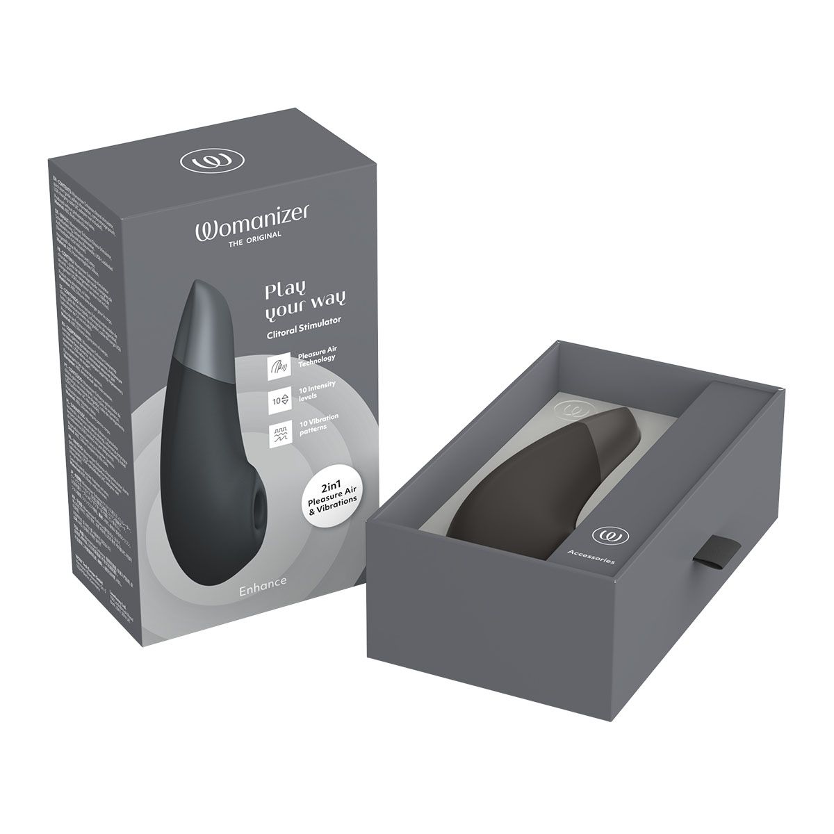 Womanizer Enhance Clitoral Stimulator, Black, Open Box, Front View
