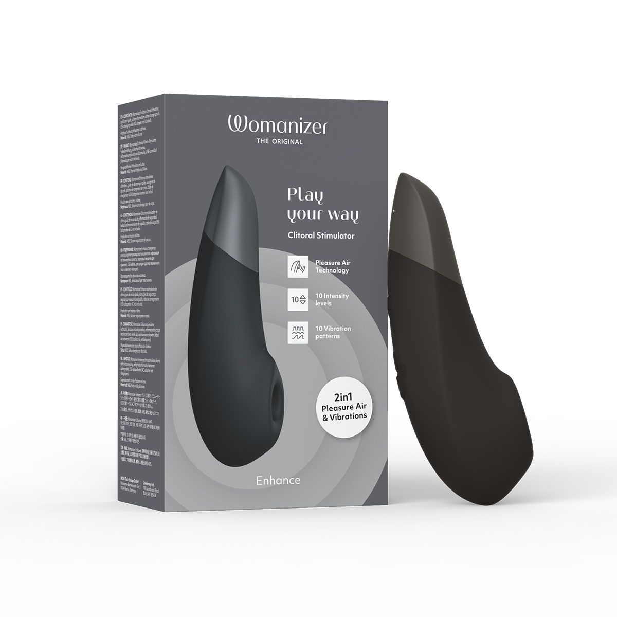 Womanizer Enhance Clitoral Stimulator, Black, Product Box with Clitoral Stimulator