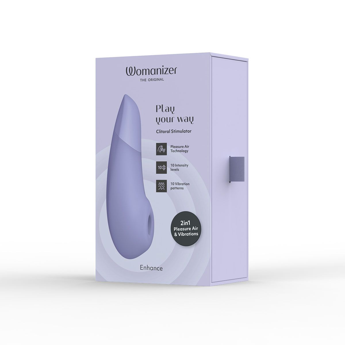 Womanizer Enhance Clitoral Stimulator, Lilac, Product Box, Front Angle
