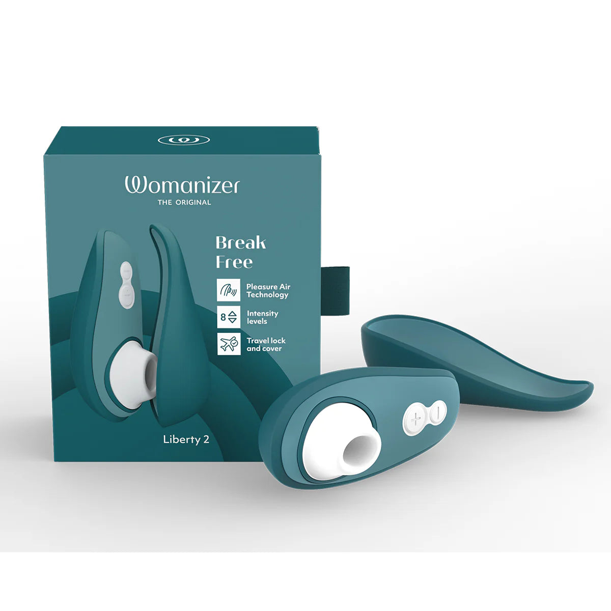 Womanizer Liberty 2 Clitoral Stimulator, Dark Petrol, Product Box and Clitoral Stimulator