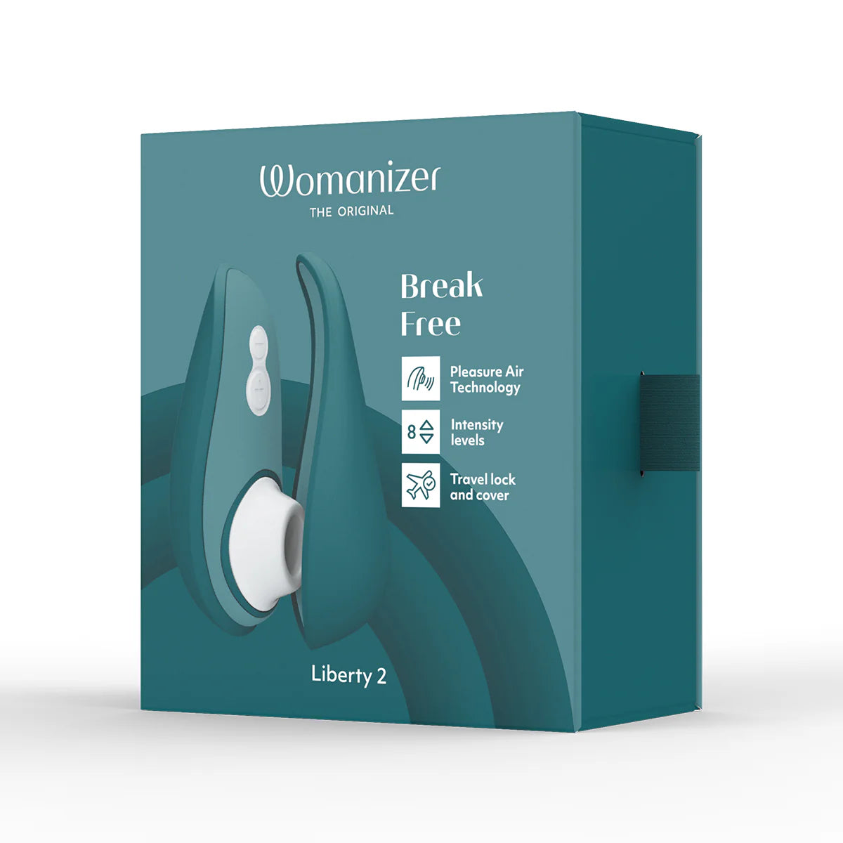 Womanizer Liberty 2 Clitoral Stimulator, Dark Petrol, Product Box, Front Left Angle
