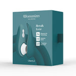 Womanizer Liberty 2 Clitoral Stimulator, Dark Petrol, Product Box, Front Left Angle