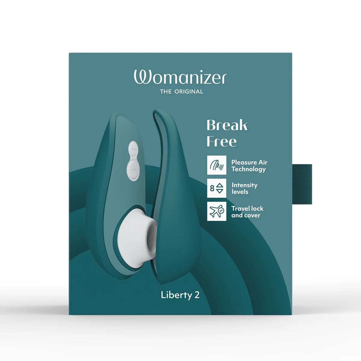 Womanizer Liberty 2 Clitoral Stimulator, Dark Petrol, Product Box, Front View