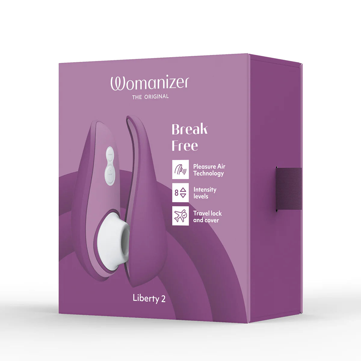 Womanizer Liberty 2 Clitoral Stimulator, Purple, Product Box, Front Left Angle