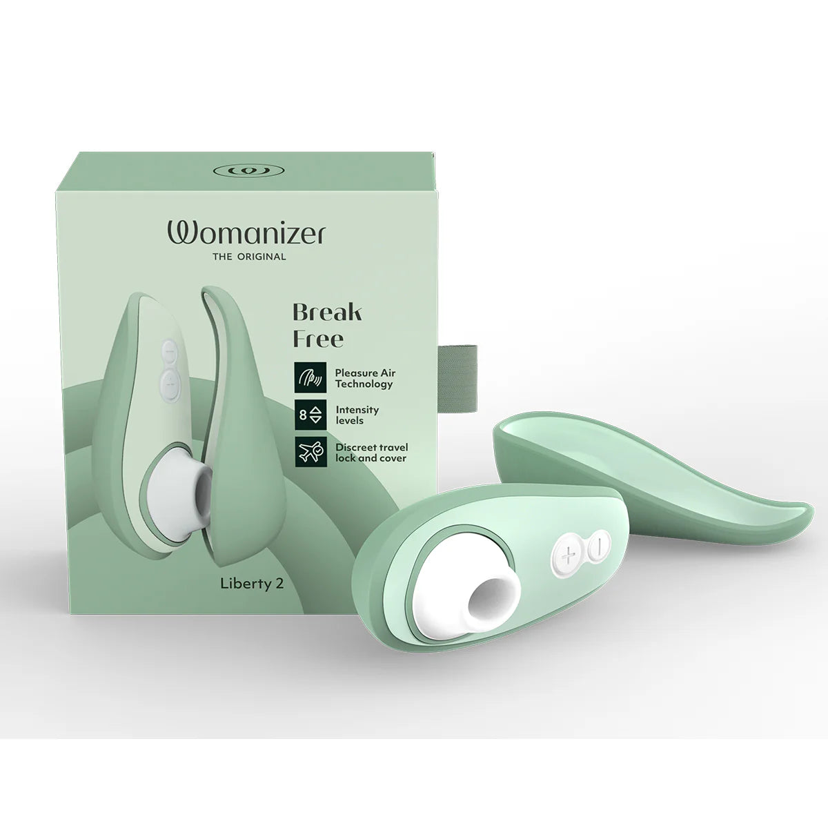 Womanizer Liberty 2 Clitoral Stimulator, Sage, Product Box and Clitoral Stimulator