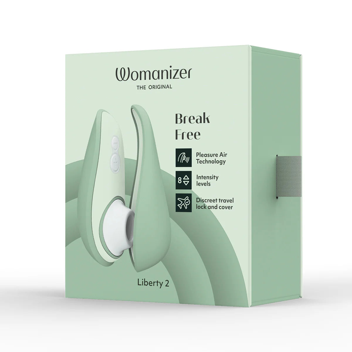 Womanizer Liberty 2 Clitoral Stimulator, Sage, Product Box, Front Left Angle