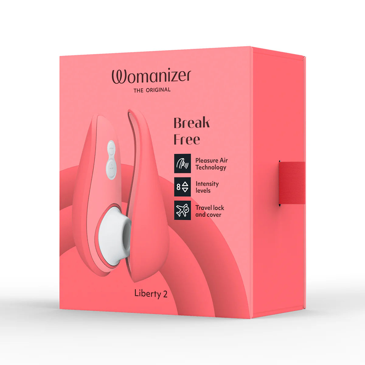 Womanizer Liberty 2 Clitoral Stimulator, Vibrant Rose, Product Box, Front Left Angle