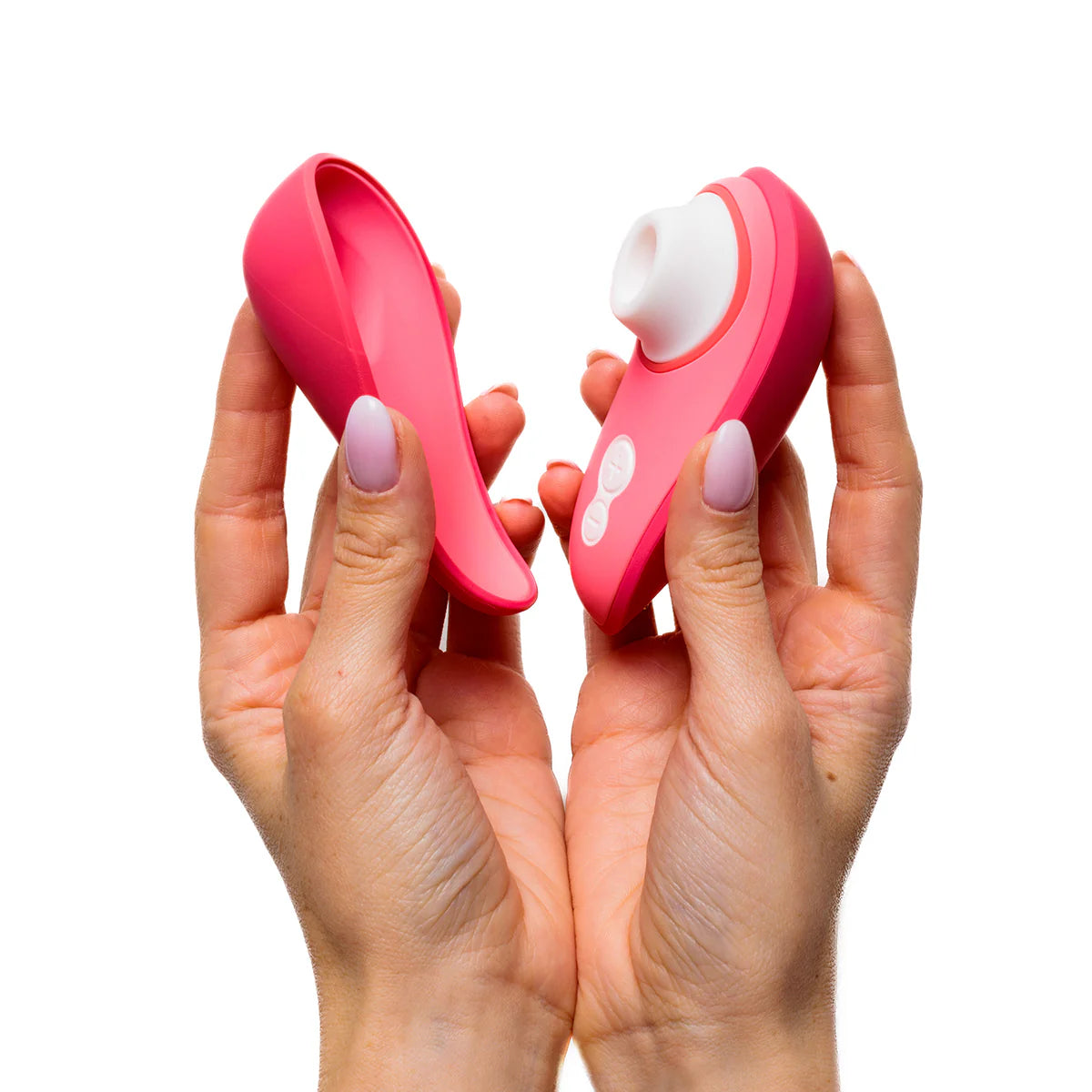 Womanizer Liberty 2 Clitoral Stimulator, Vibrant Rose, Clitoral Stimulator in Right Hand and Cover Lid in Left Hand