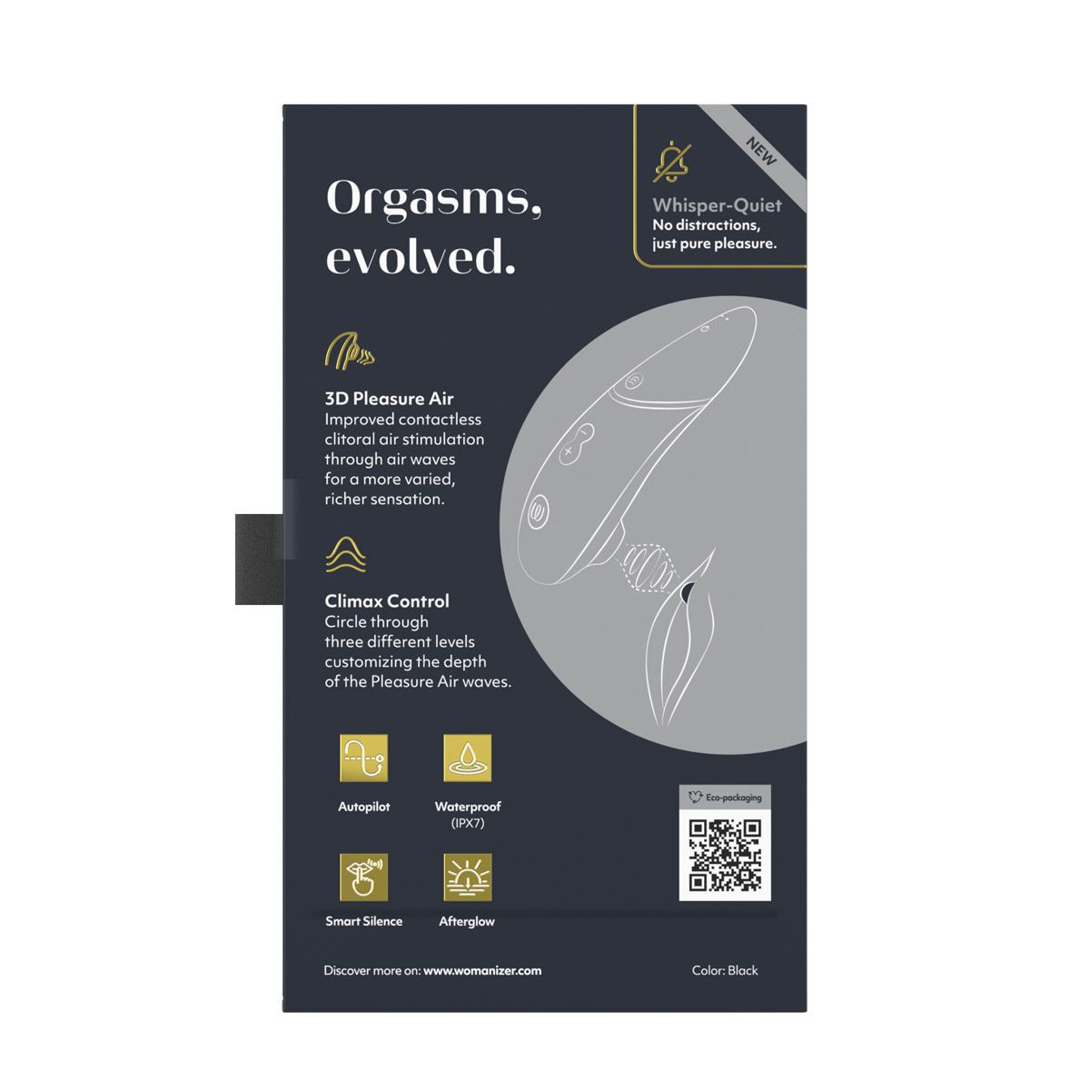 Womanizer Next Clitoral Stimulator, Black, Product Box, Back View