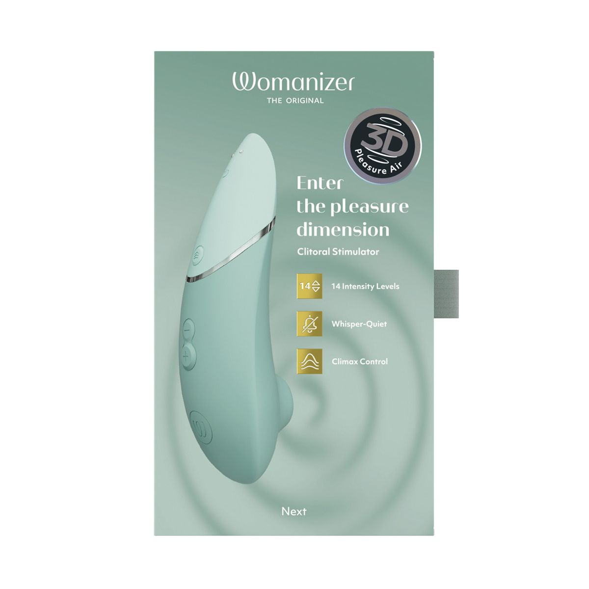 Womanizer Next Clitoral Stimulator, Sage, Product Box, Front View