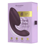 Womanizer Next Duo Clitoral Suction & G-Spot Vibrator, Dark Purple, Product Box, Front Left Angle