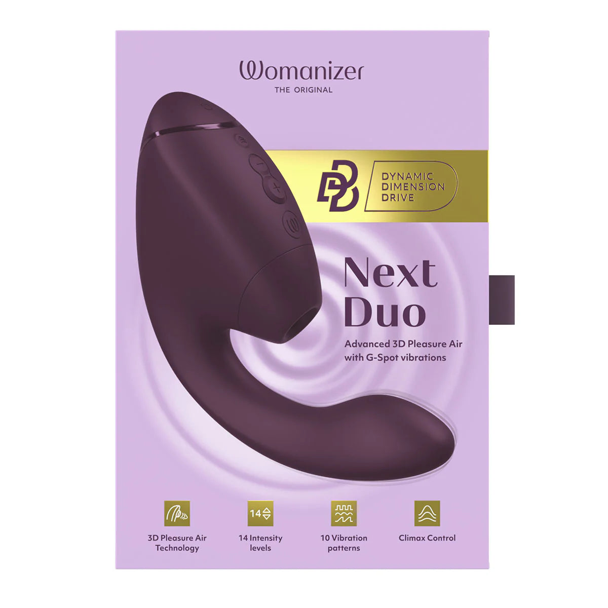Womanizer Next Duo Clitoral Suction & G-Spot Vibrator, Dark Purple, Product Box, Front