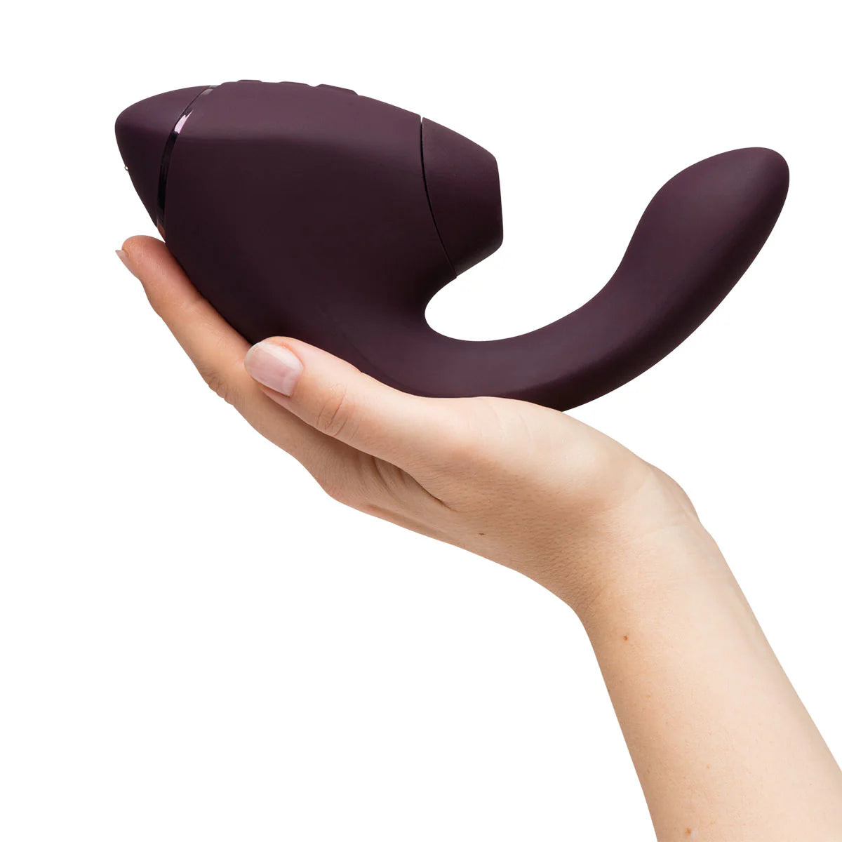 Womanizer Next Duo Clitoral Suction & G-Spot Vibrator, Dark Purple, Vibrator on Hand