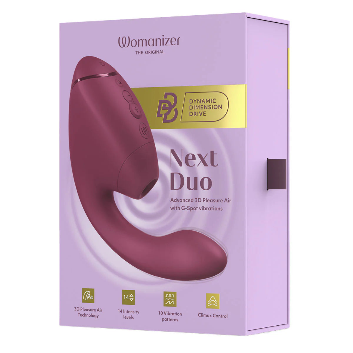 Womanizer Next Duo Clitoral Suction & G-Spot Vibrator, Dusky Pink, Product Box, Front Left Angle