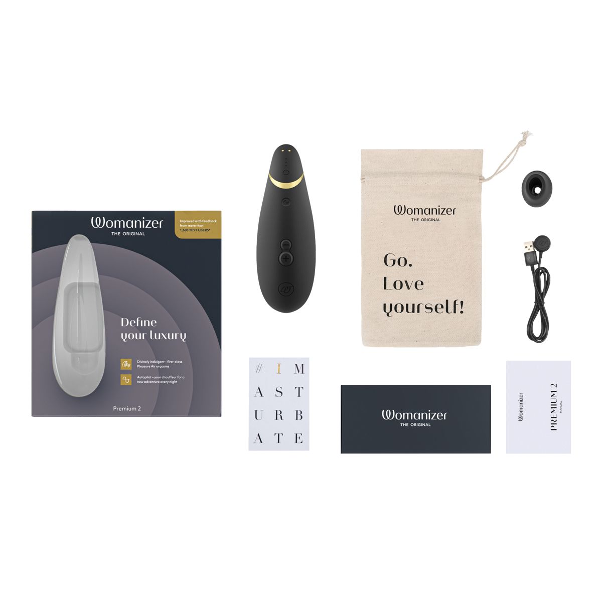 Womanizer Premium 2 Clitoral Stimulator, Black, Box Contents
